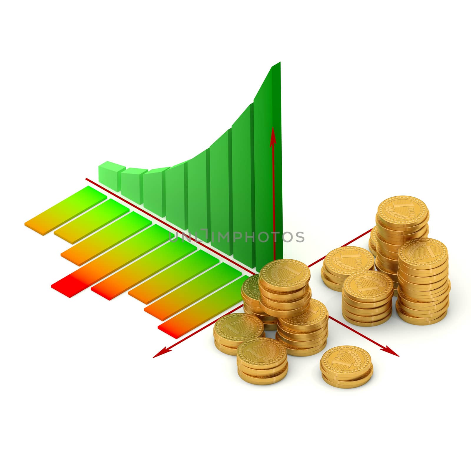 Chart and golden coins isolated on white background.