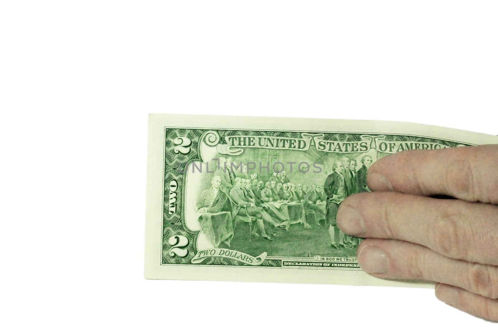 Mans hand holding a stacks of paper dollars USA on the white background
