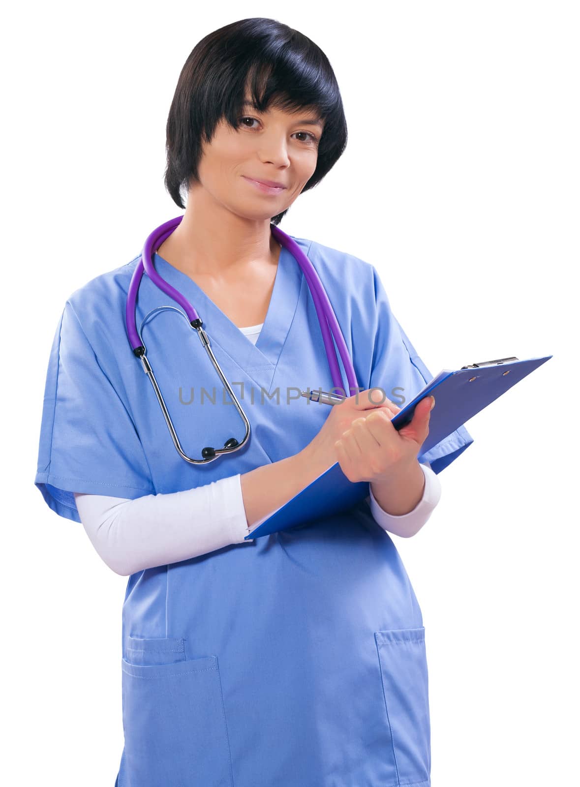 asian female doctor writing in clipboard and looking at camera by mihalec