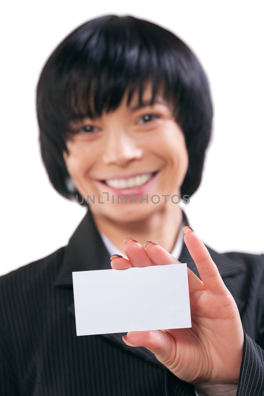 focus on card. asian female shoving white vizit card