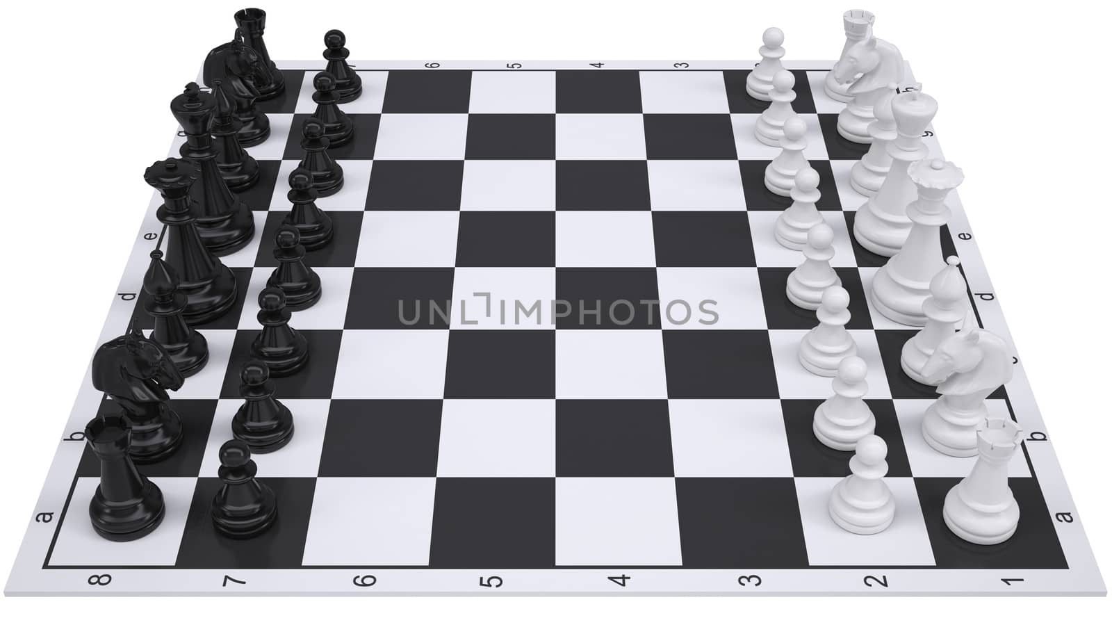 Chess on the chessboard. Isolated render on a white background