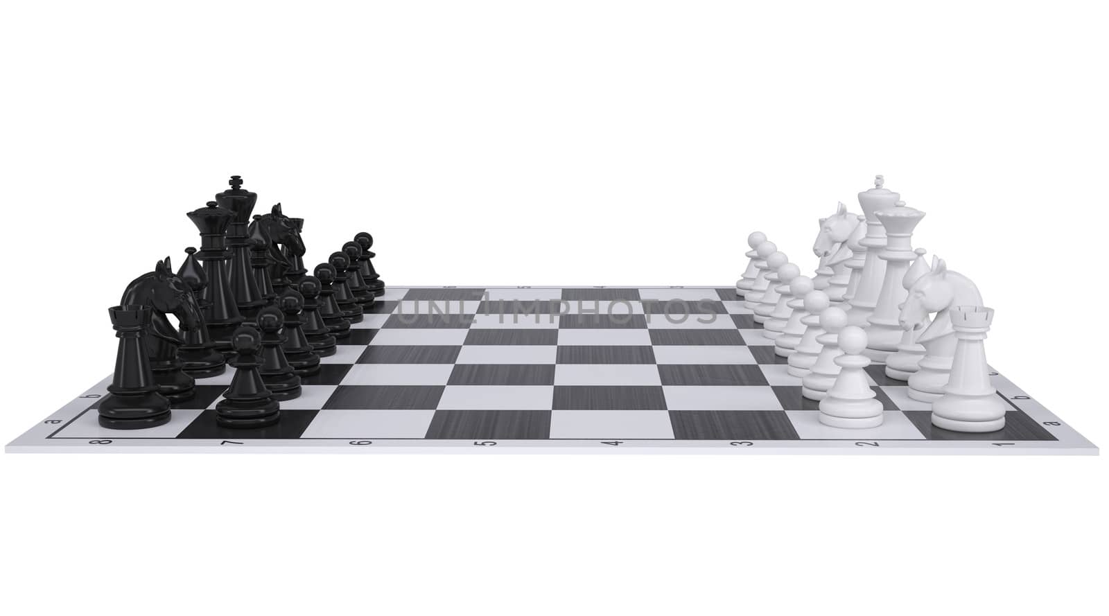 Chess on the chessboard. Isolated render on a white background