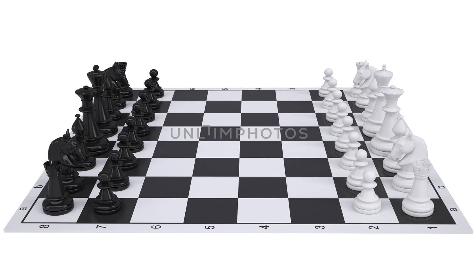 Chess on the chessboard. Isolated render on a white background