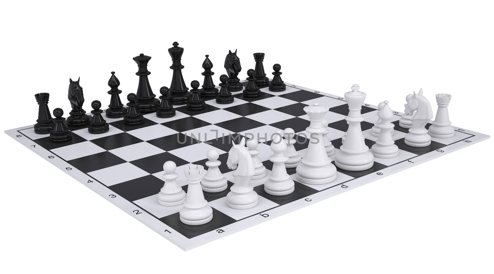 Chess on the chessboard. Isolated render on a white background