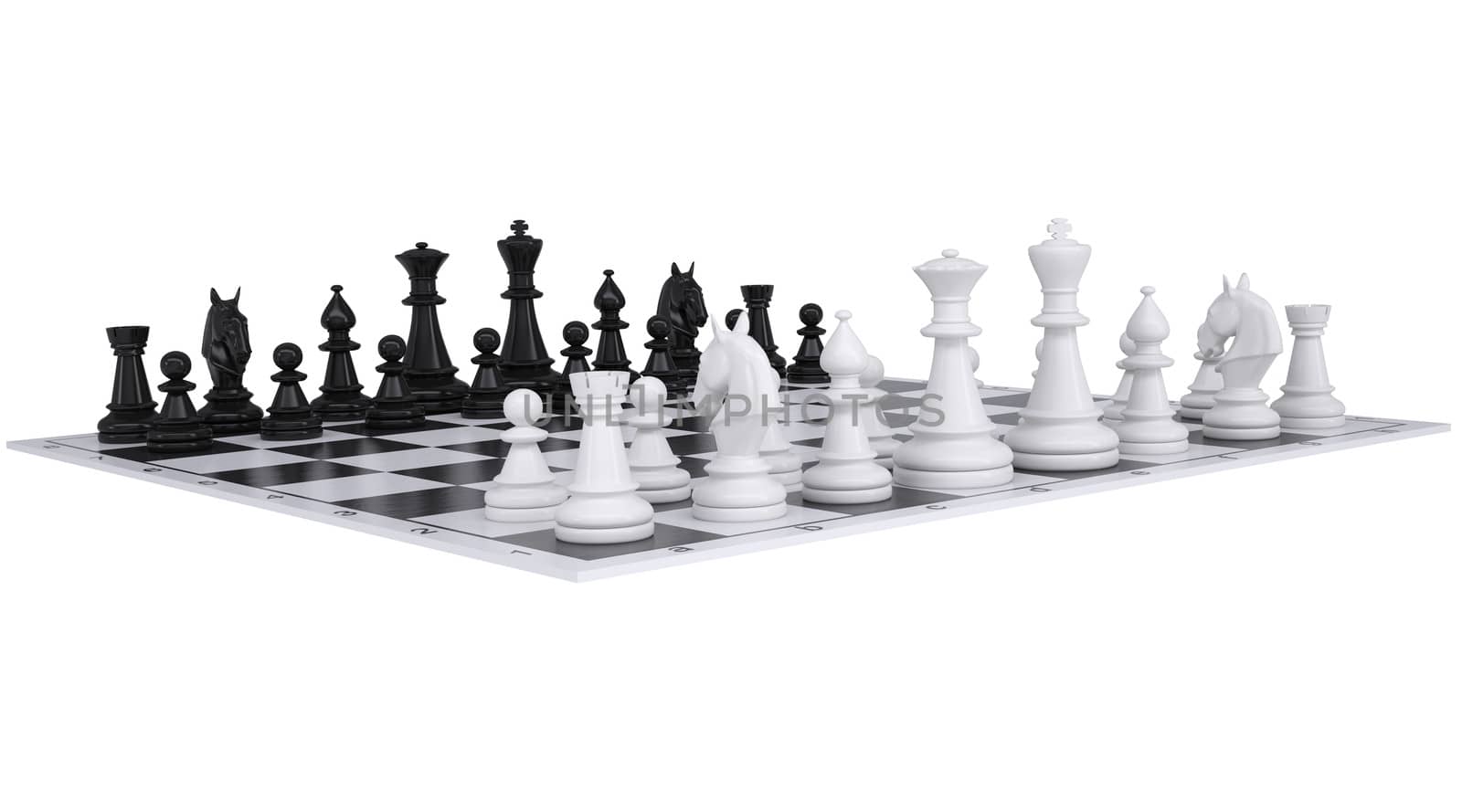 Chess on the chessboard. Isolated render on a white background