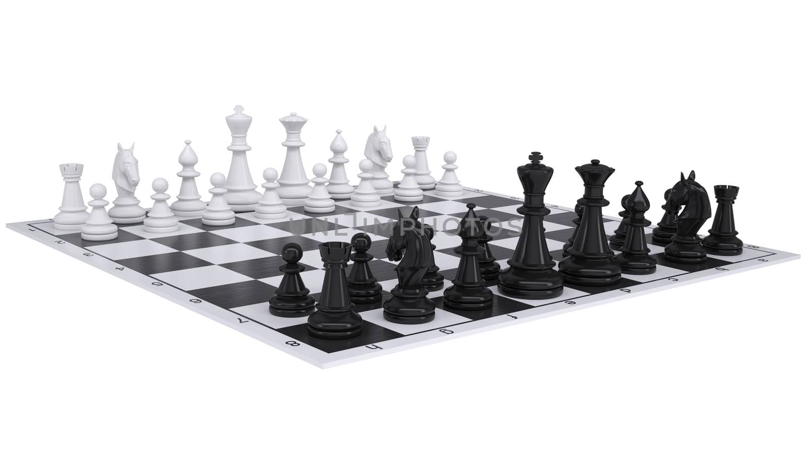 Chess on the chessboard. Isolated render on a white background