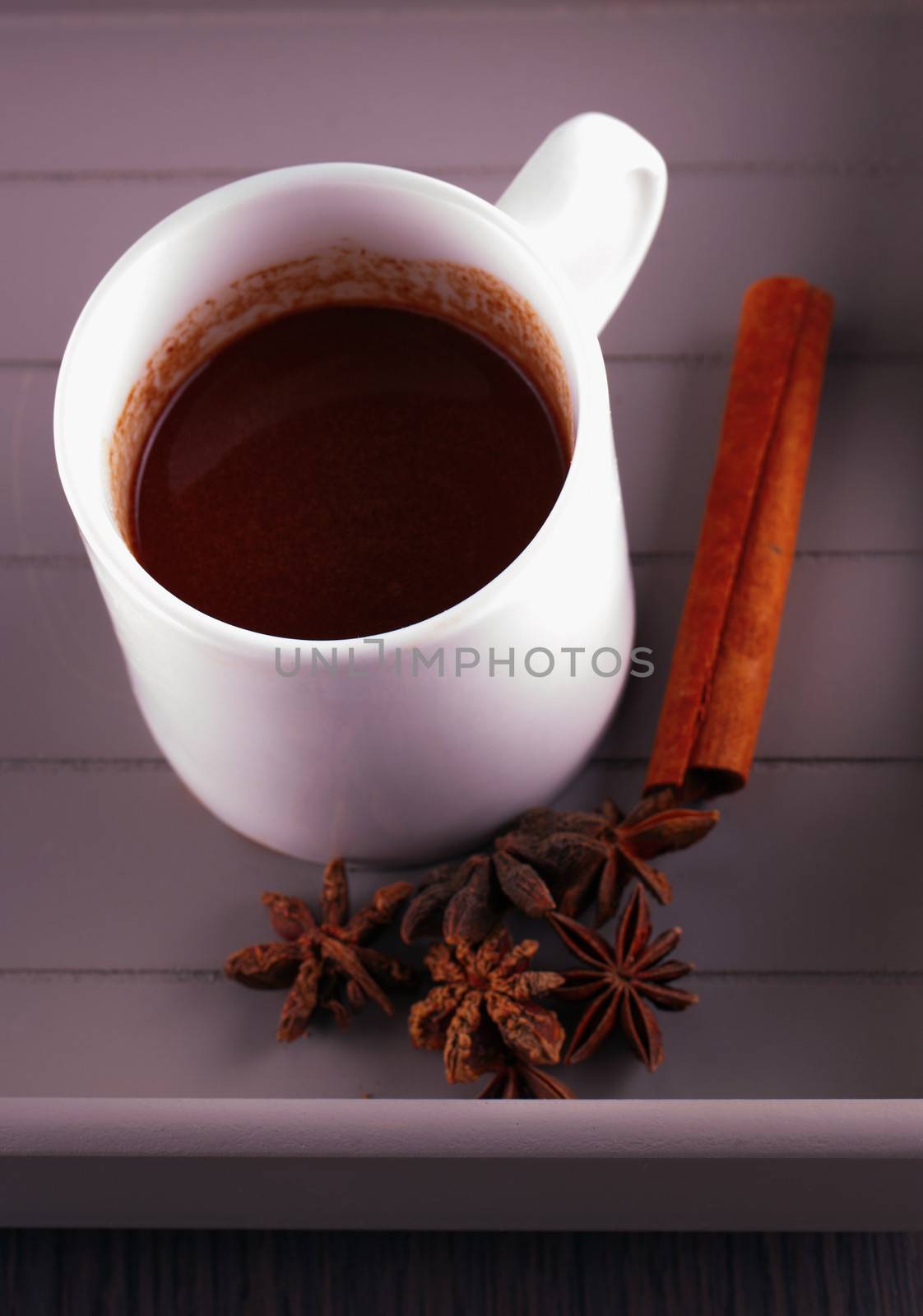 Hot chocolate cup with cinnamon and star anise