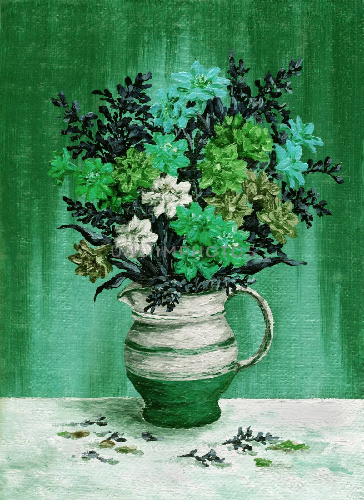 Picture, painting oil paints on a canvas, a bouquet of freesia flowers in a jug