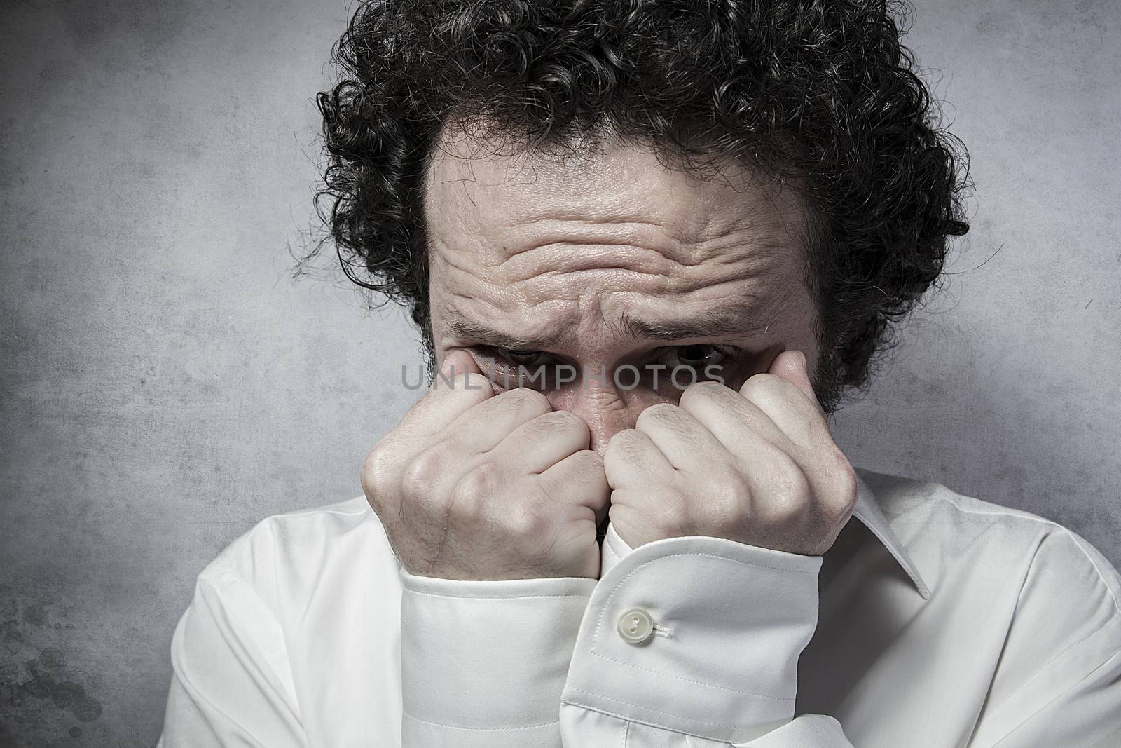 fear decision, businessman with very afraid, man in white shirt with funny expressions