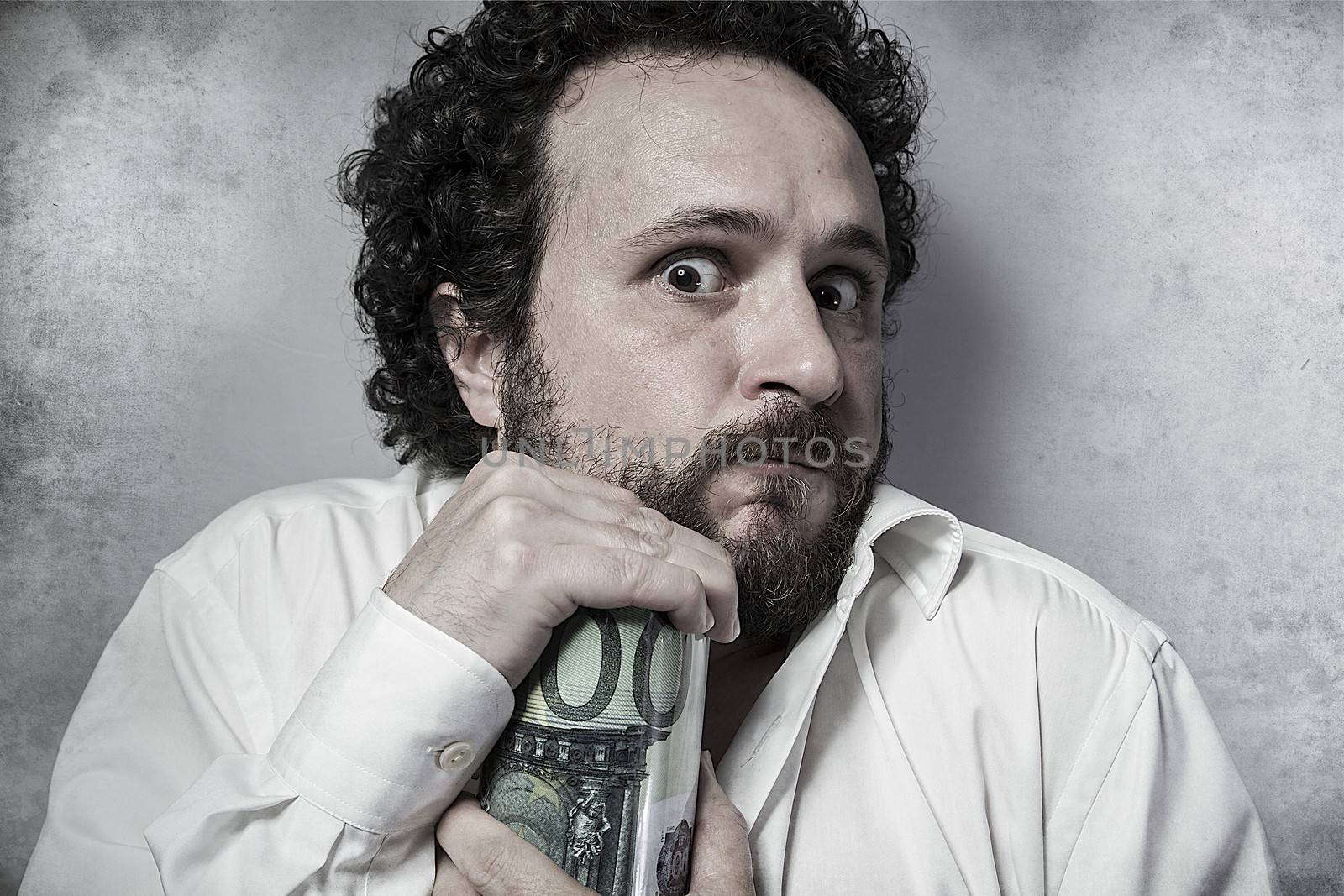 Save, stingy businessman, saving money, man in white shirt with funny expressions