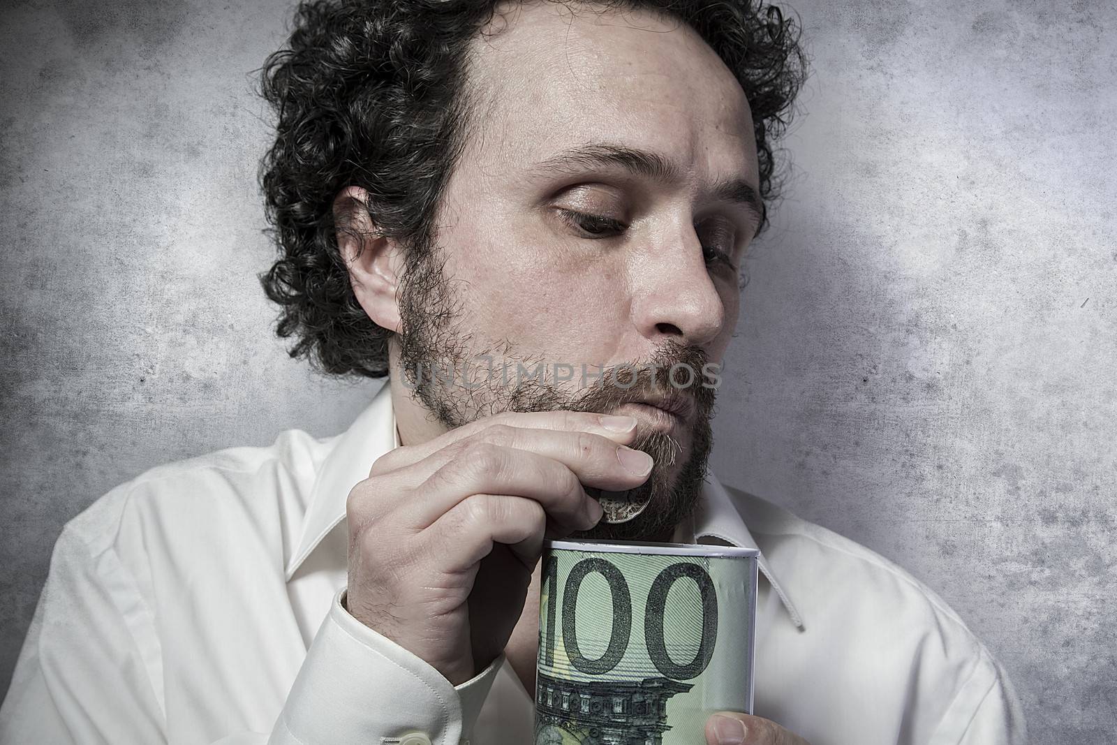 stingy businessman, saving money, man in white shirt with funny expressions