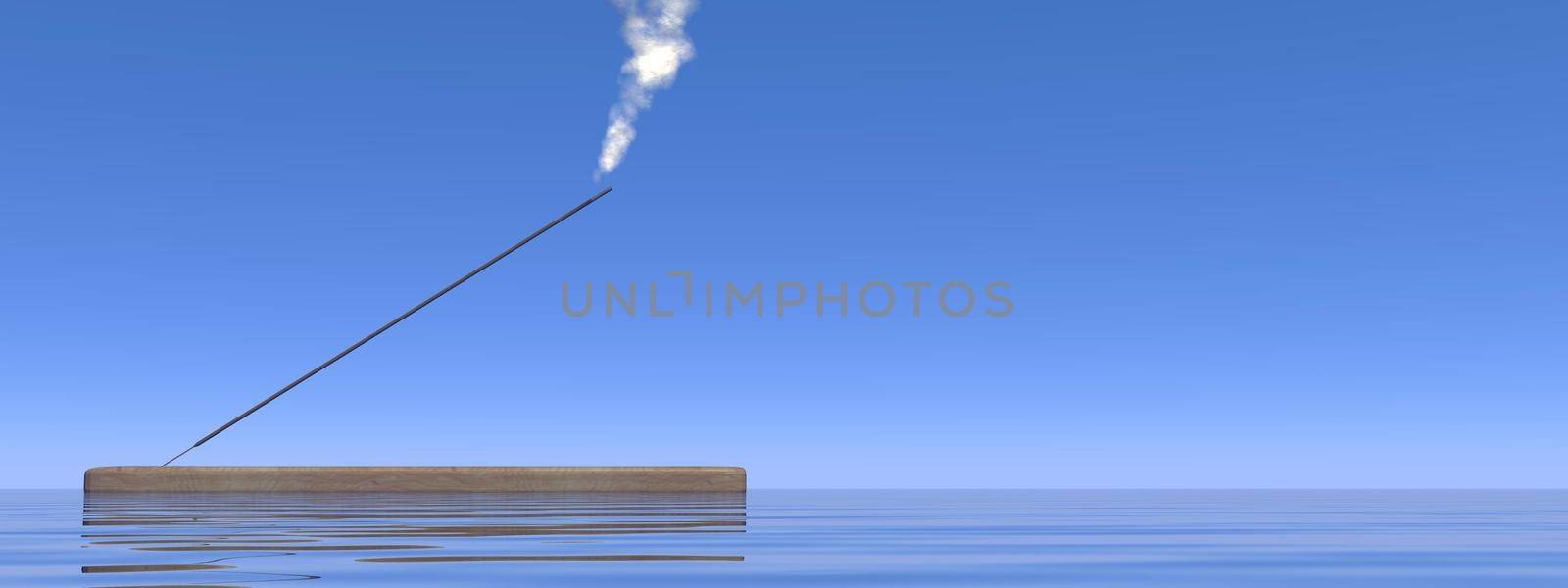 One incense stick with smoke upon water in deep blue background