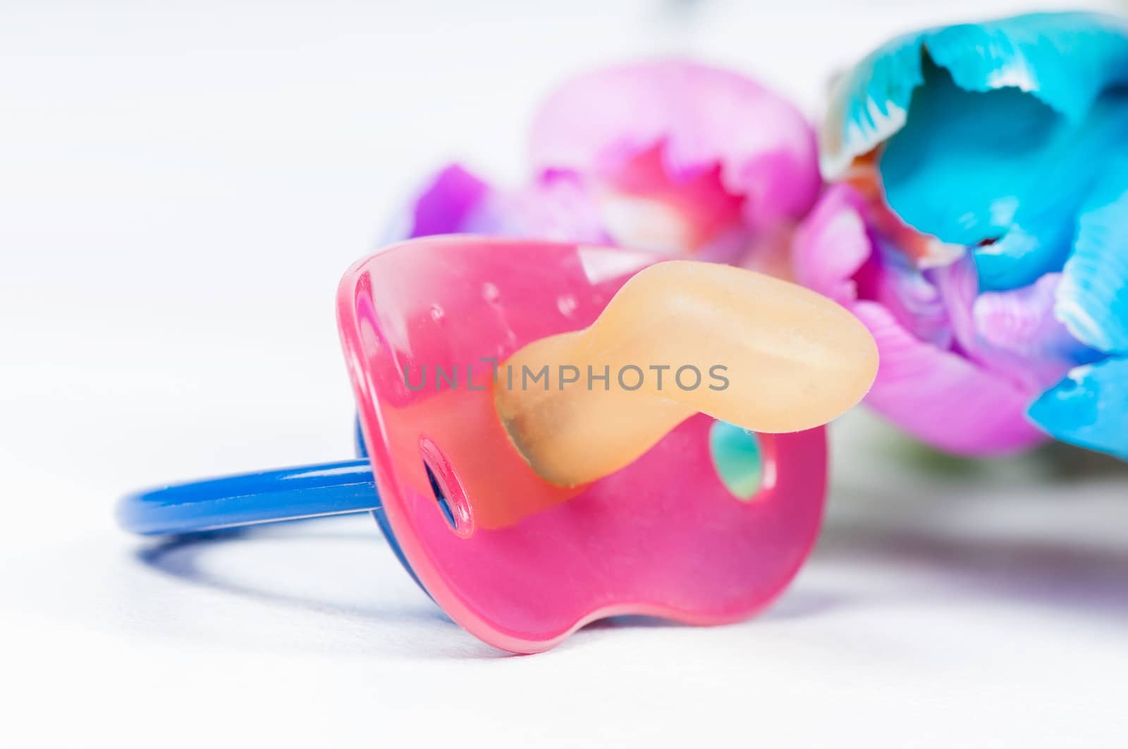 Pacifier (soother) with multicolored tulips in background