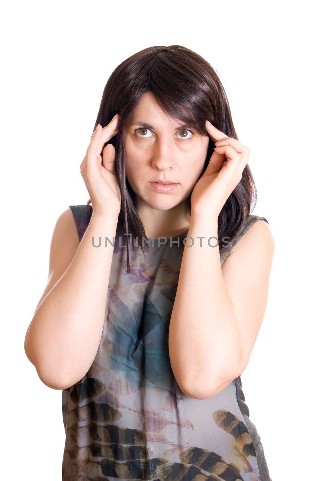 young woman has a strong headache and holding his head