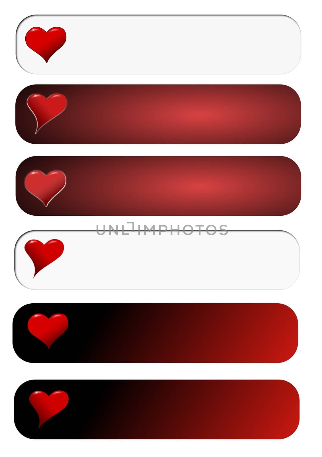 Banners with heart on a red hued background on a white isolated