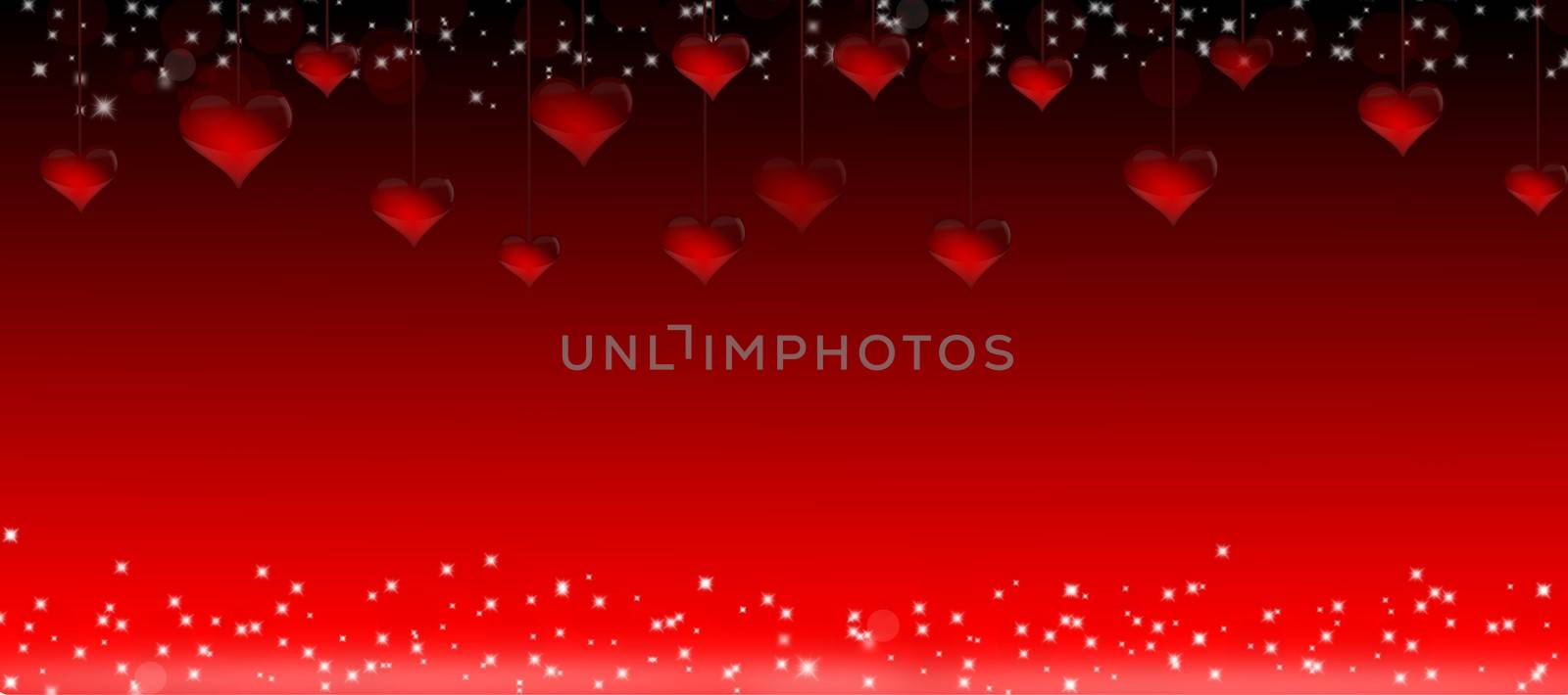 Illustration of hanging red hearts for a Women's Day on a red background