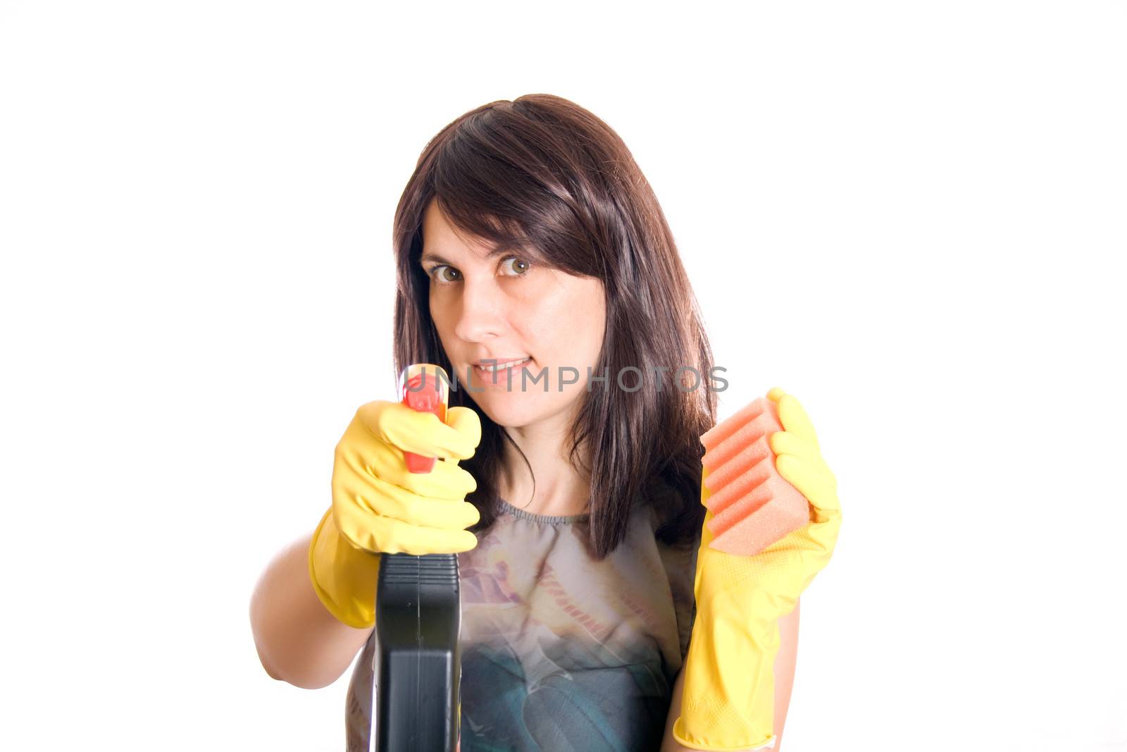 Young housewife on white background - cleaning concept.