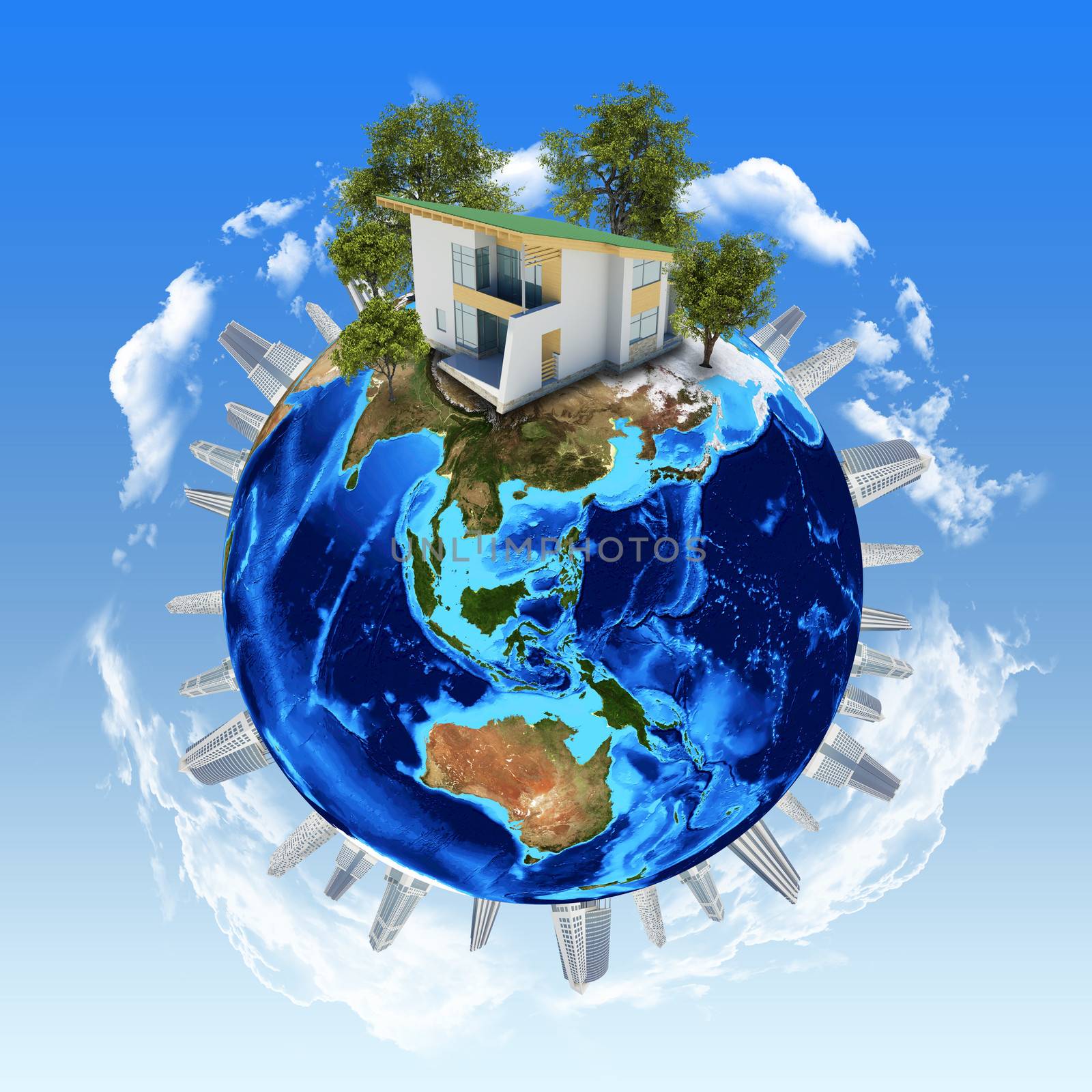 Earth planet image with buildings on surface. Elements of this image are furnished by NASA
