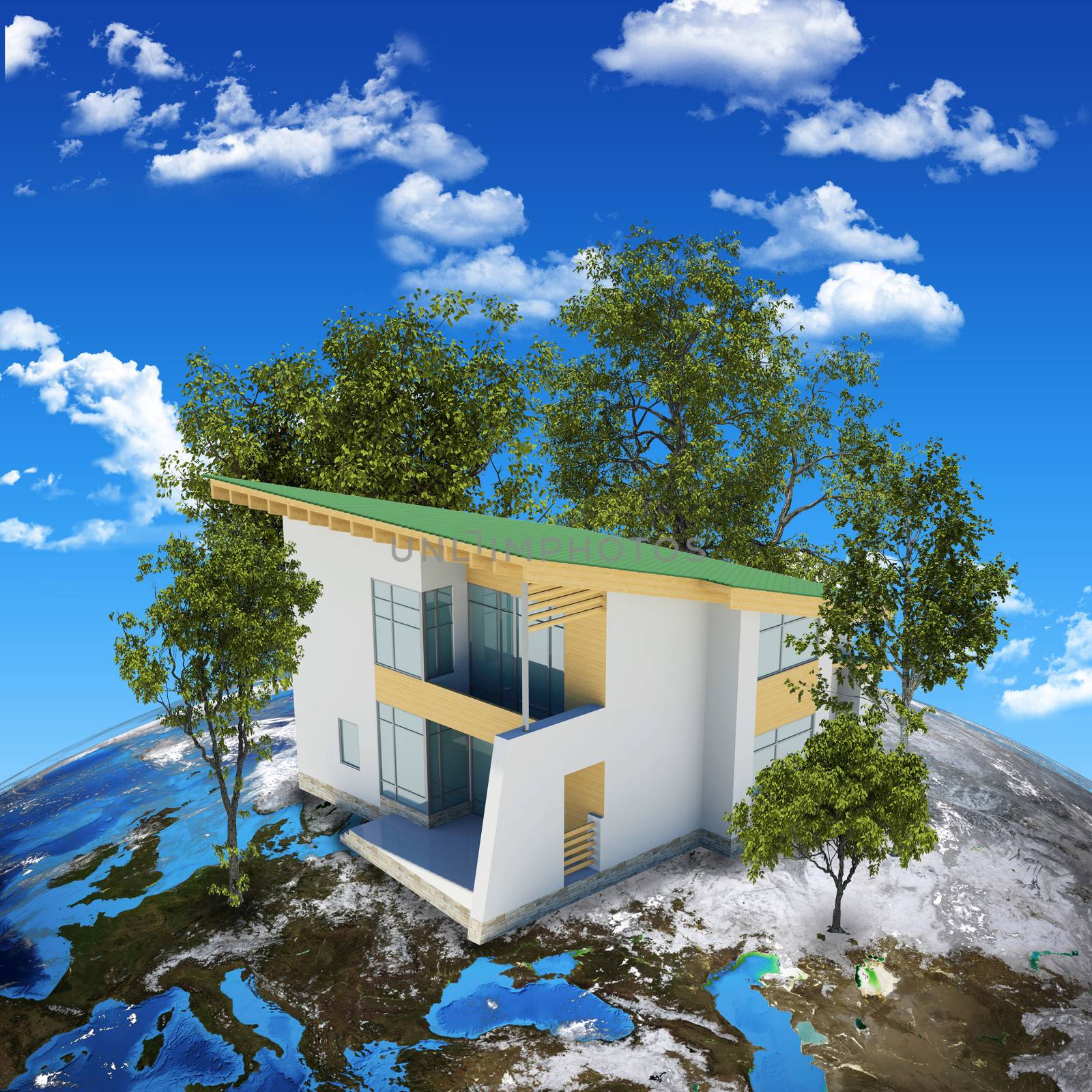 Earth planet image with house on surface. Elements of this image are furnished by NASA