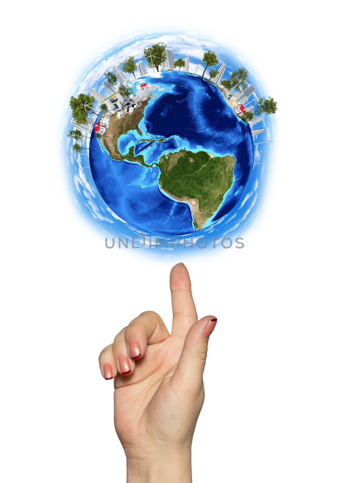 Hand goes to the planet Earth. Isolated on white background
