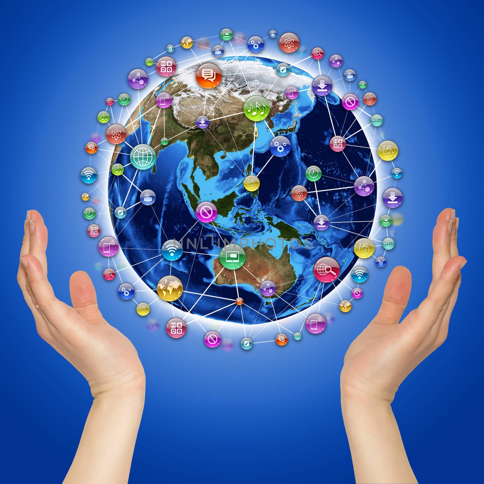 Hands holding earth. Application icons around earth. The concept of software