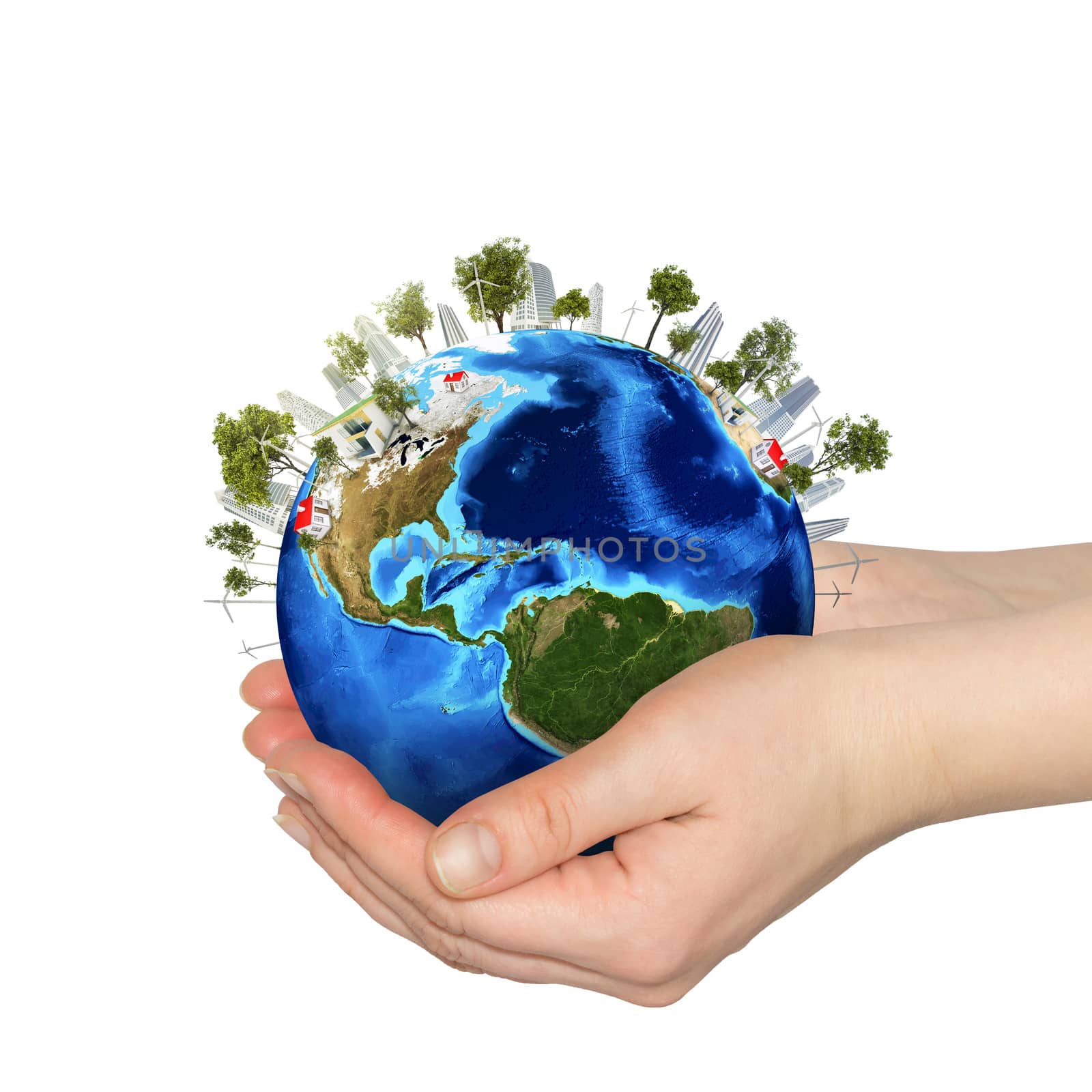 Hands holding earth. Isolated on white background