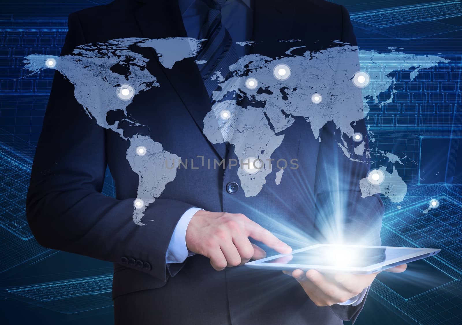 Man in suit, world map and contacts. The concept of global contacts