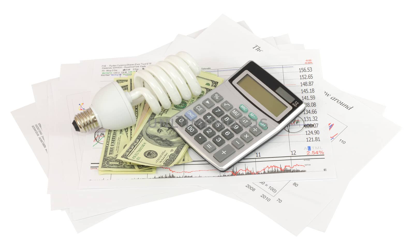 Dollars, calculator, fluorescent lamp and paper charts. The concept of energy saving