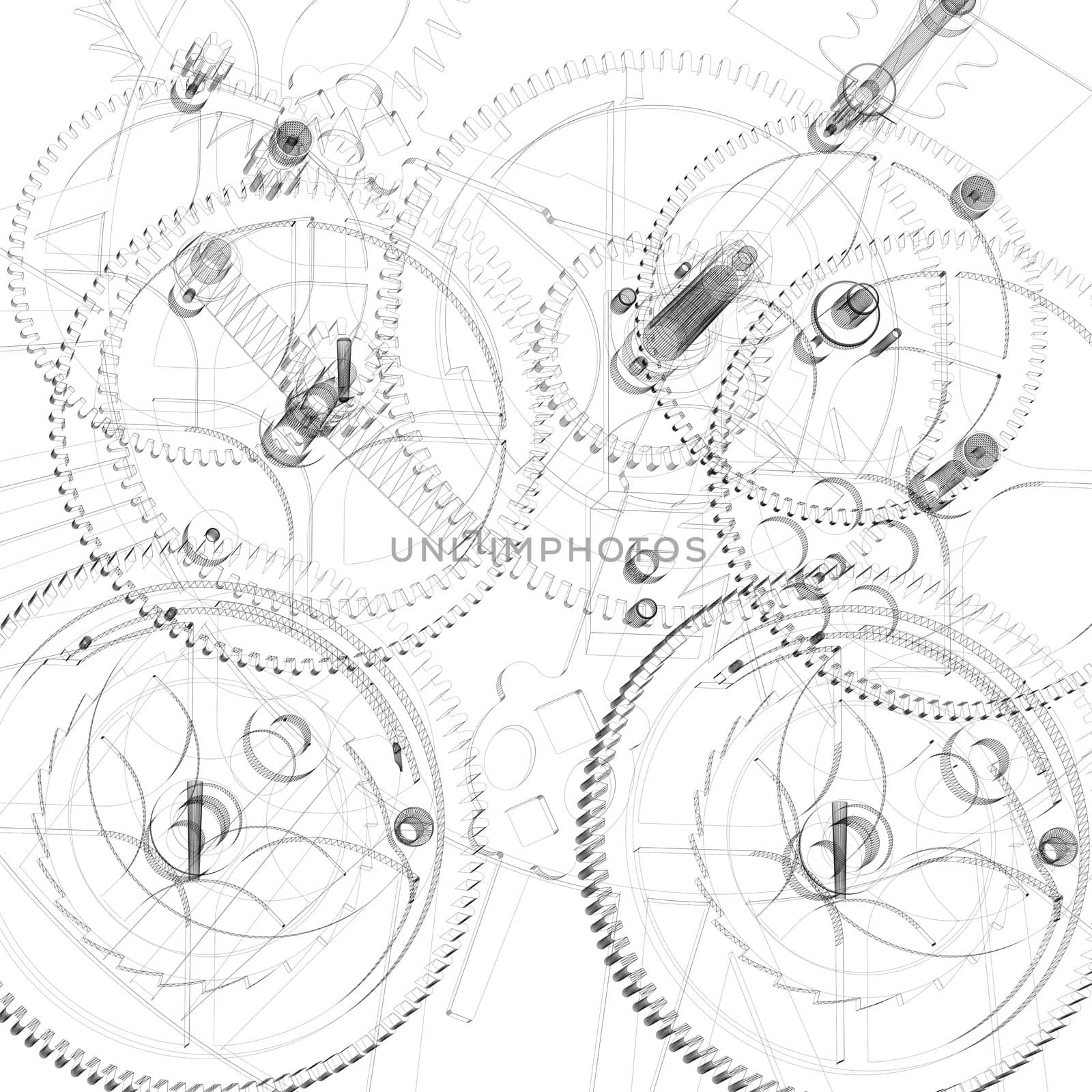 Clock mechanism. Wire-frame isolated render on a white background