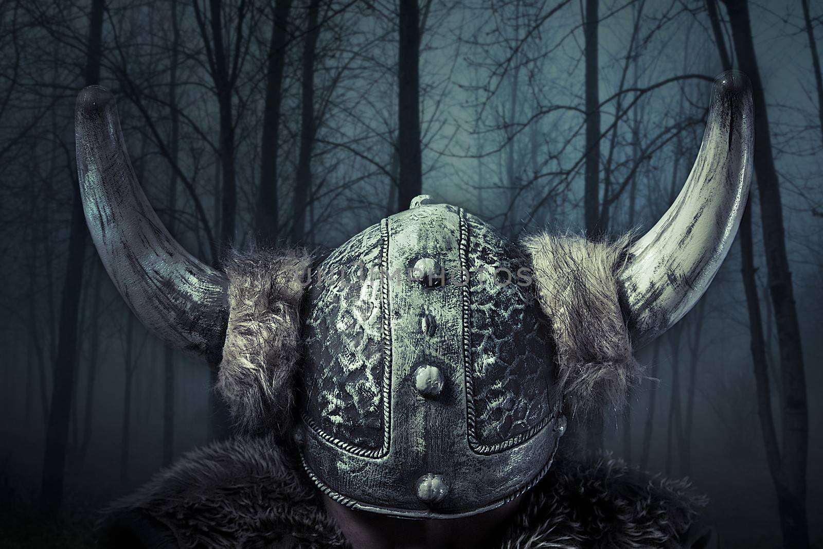 Helmet, Viking warrior, male dressed in Barbarian style with sword, bearded