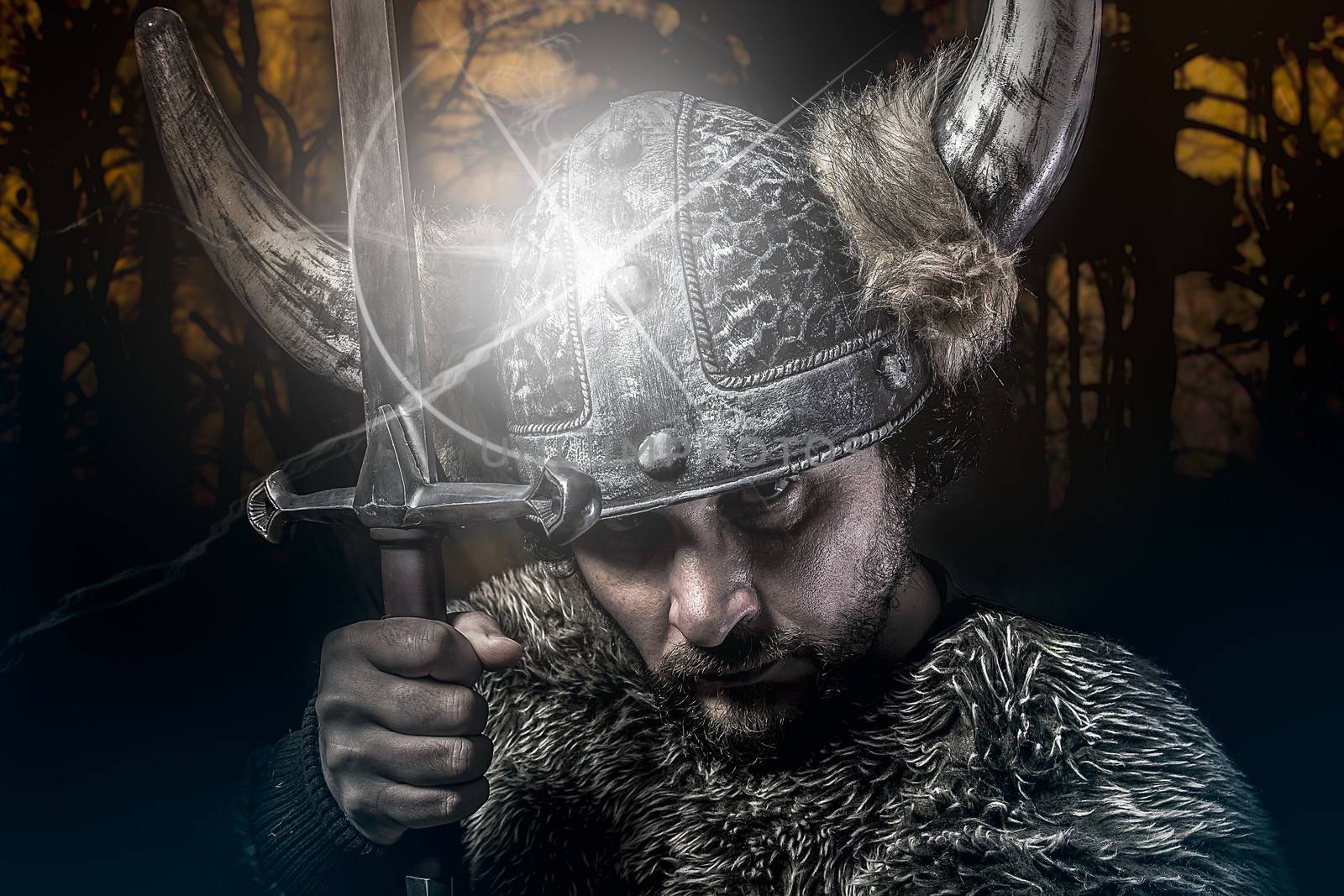 War, Viking warrior, male dressed in Barbarian style with sword, by FernandoCortes