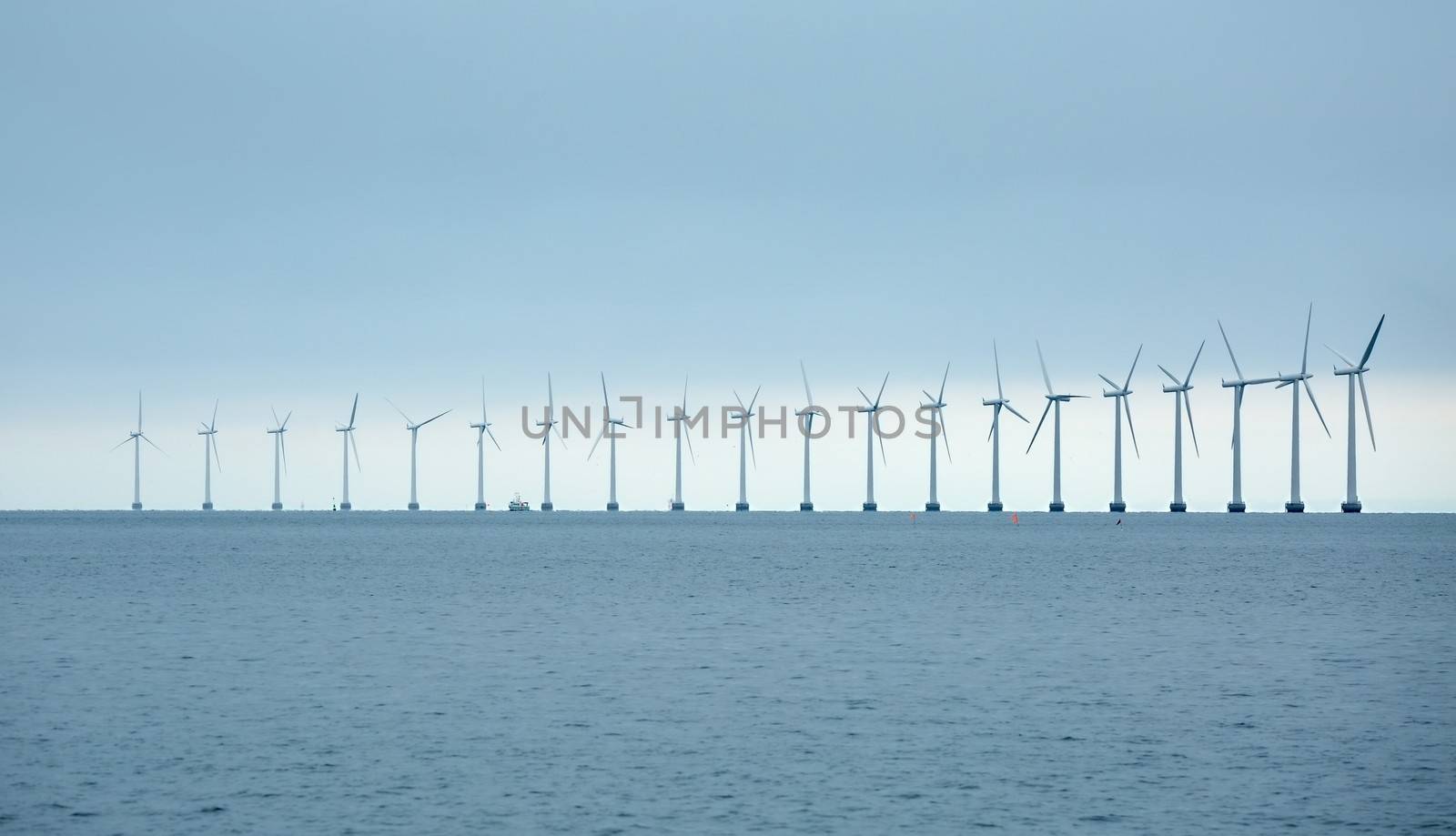 Offshore wind turbines at the sea in Copenhagen, Denmark