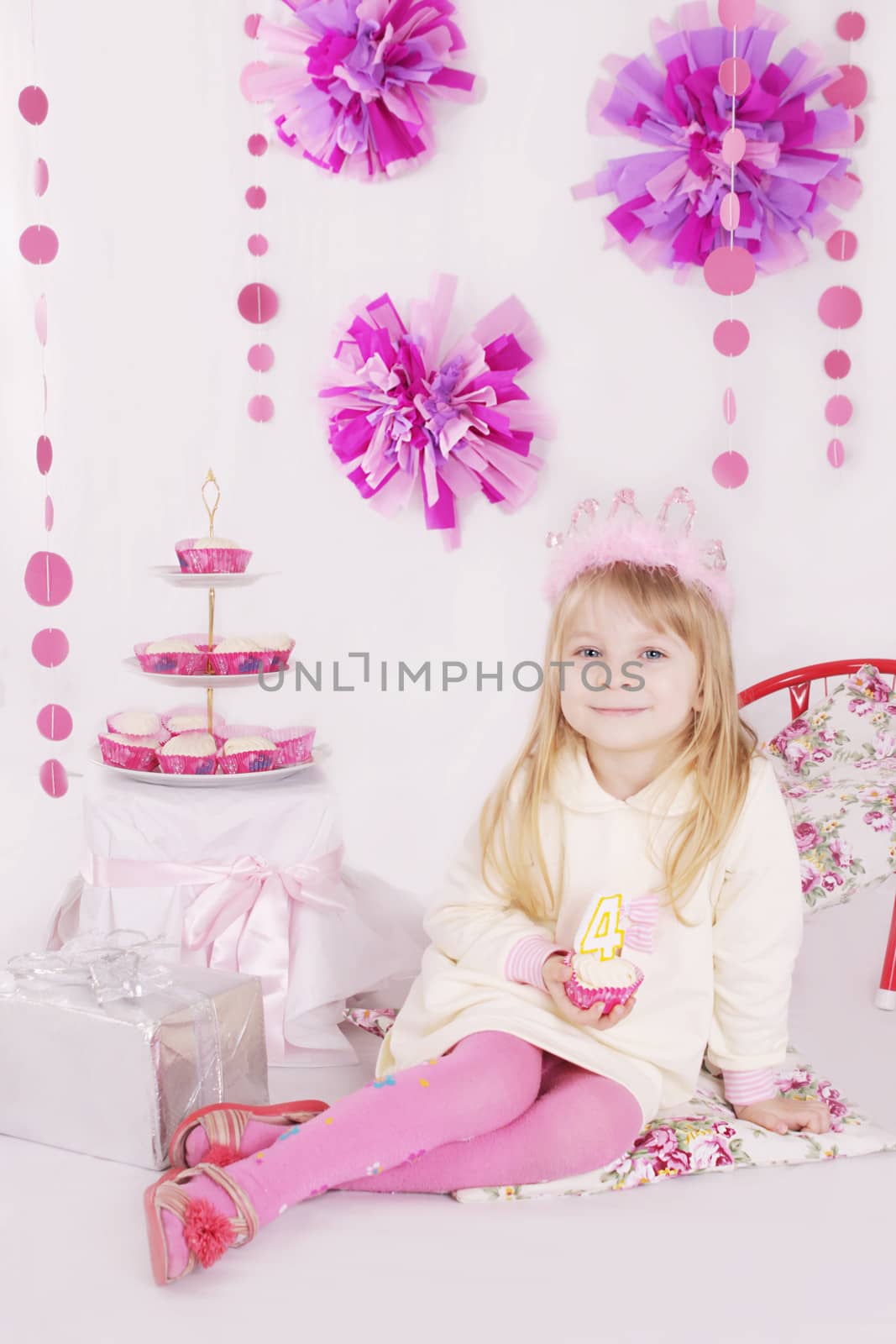 Girl with cake at pink decoration birthday party by Angel_a