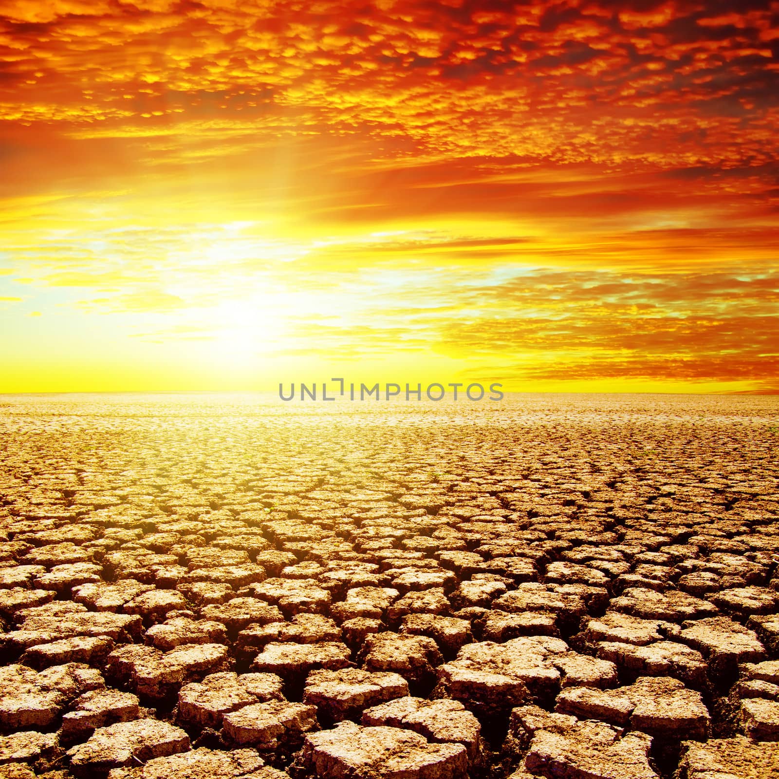 red sunset over drought earth