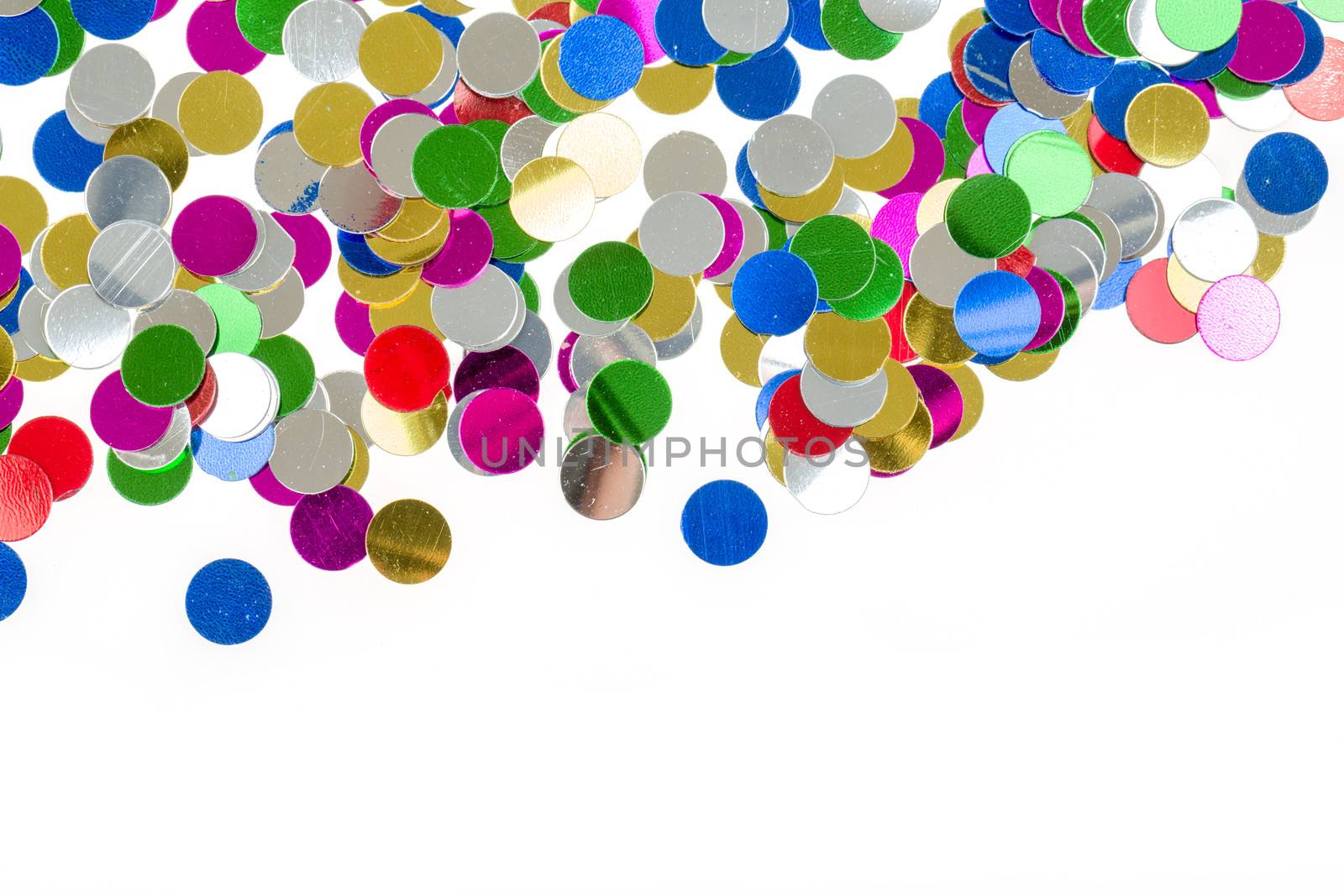 close up of small color confetti background or backdrop isolated on white