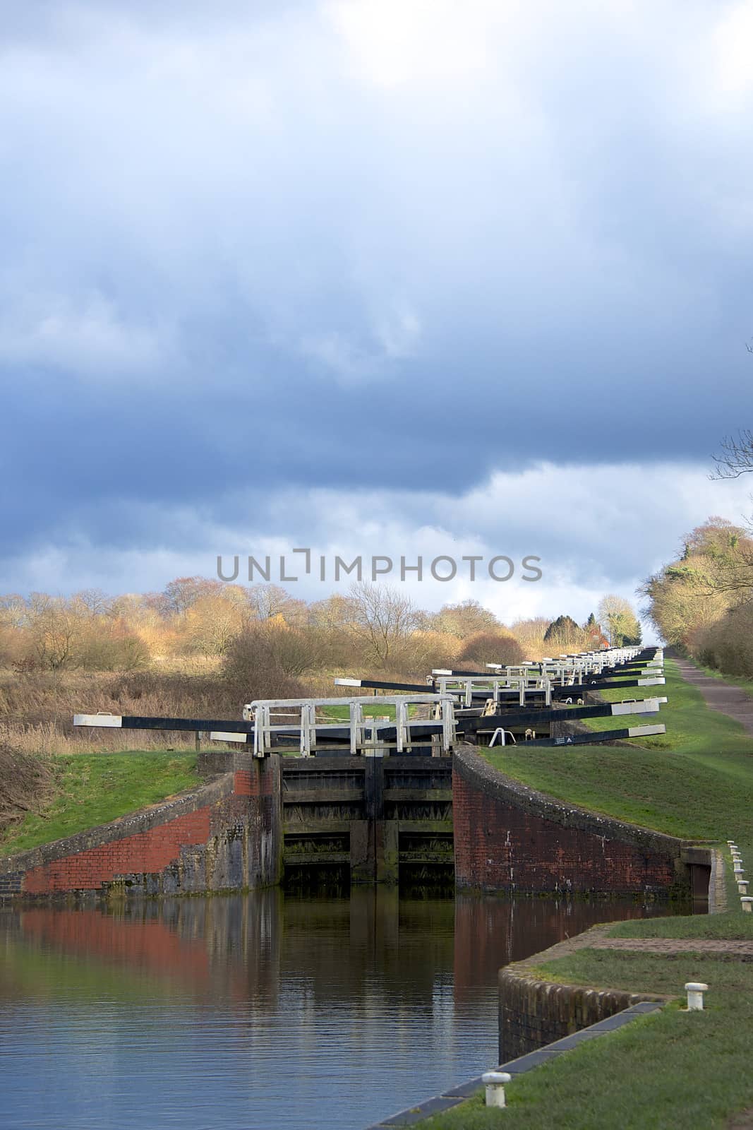 Caen Hill 16 lock stairs near Devizes in Wiltshire, England, UK Kennet and Avon canal