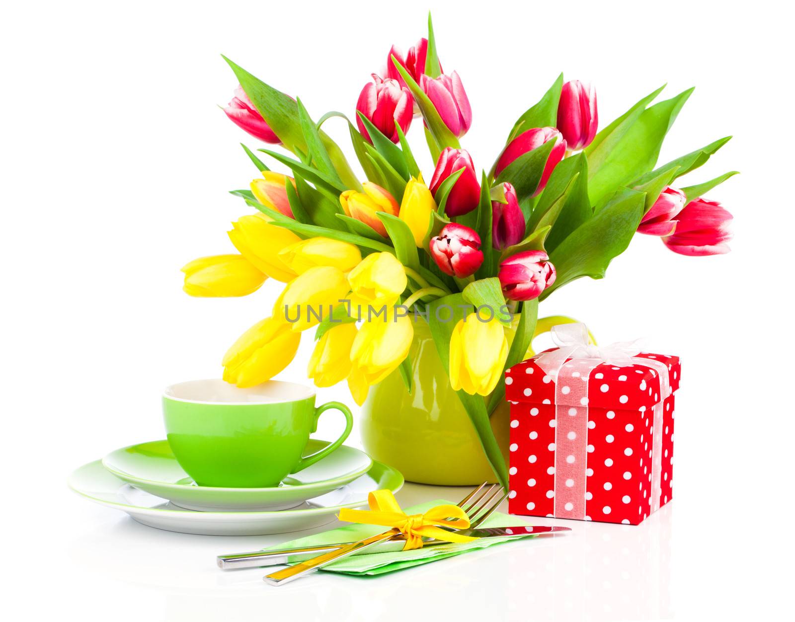 tulips flowers with cup tea, on a white background. breakfast for mommy, happy mothers day, morning drink, romantic still life, fresh flowers