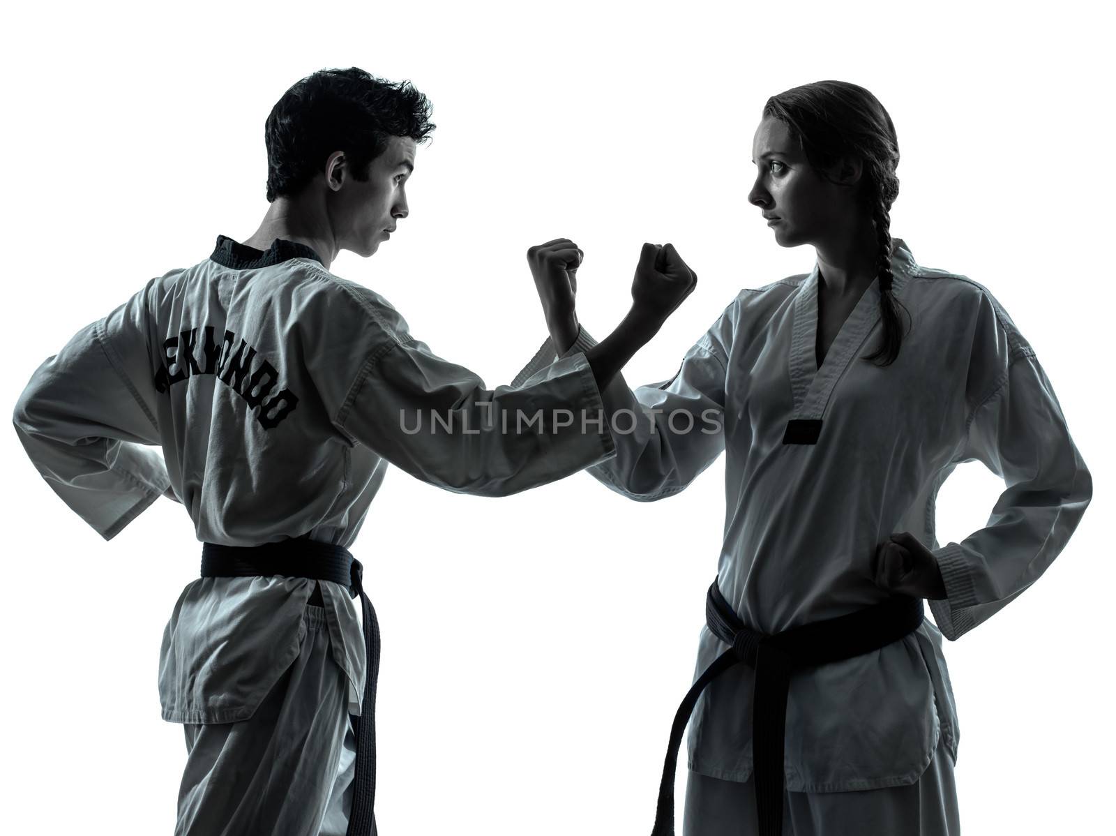 one couple man woman couple exercising karate taekwondo martial arts in silhouette studio isolated on white background