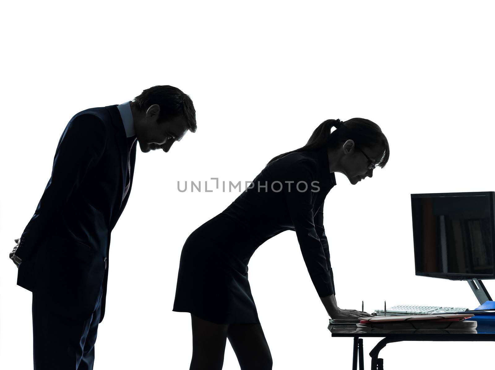 one caucasian business woman man couple sexual harassment in silhouette studio isolated on white background