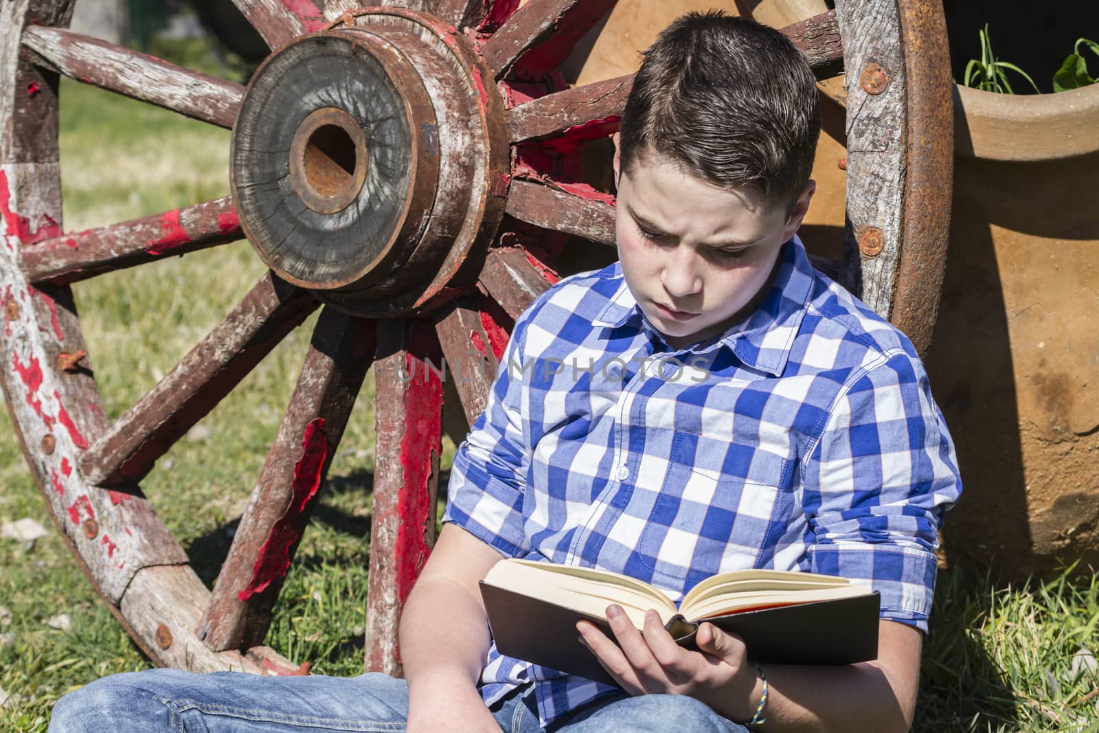 Young boy reading a book in the woods with shallow depth of fiel by FernandoCortes