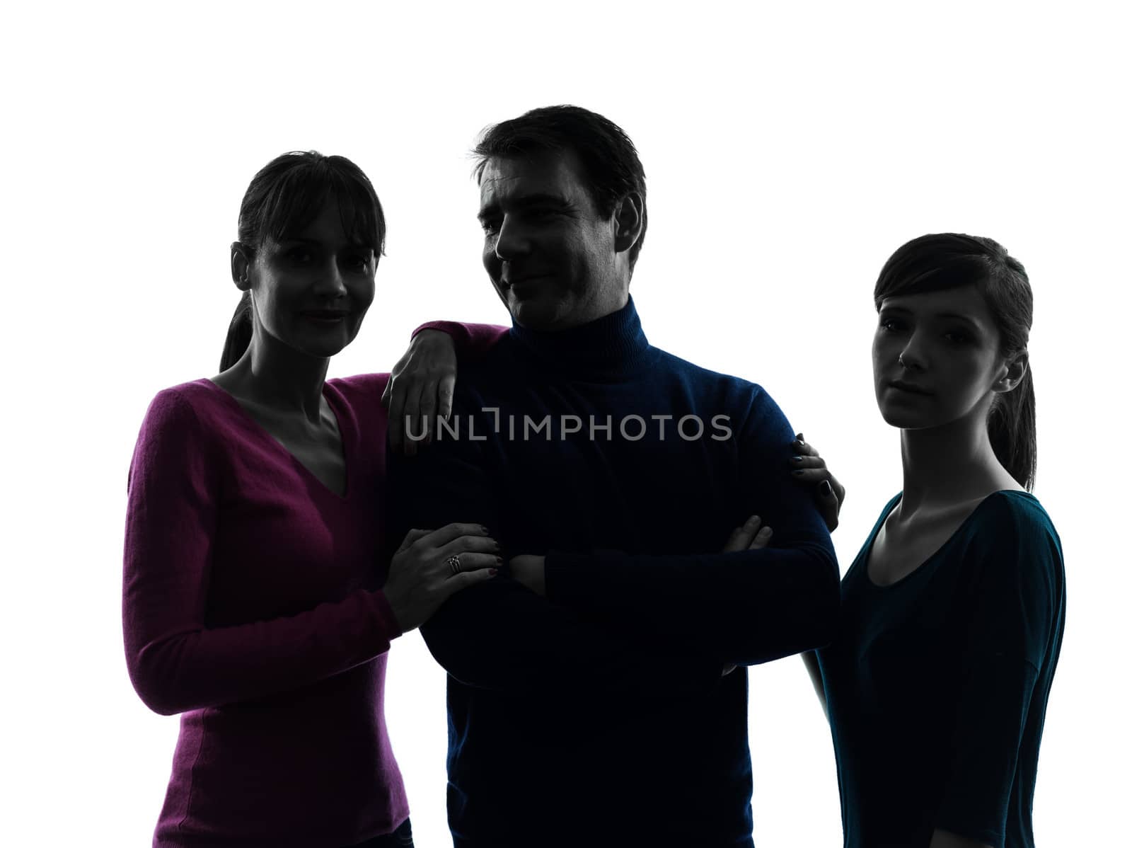 one caucasian family father mother daughter daughter happy portrait in silhouette studio isolated on white background