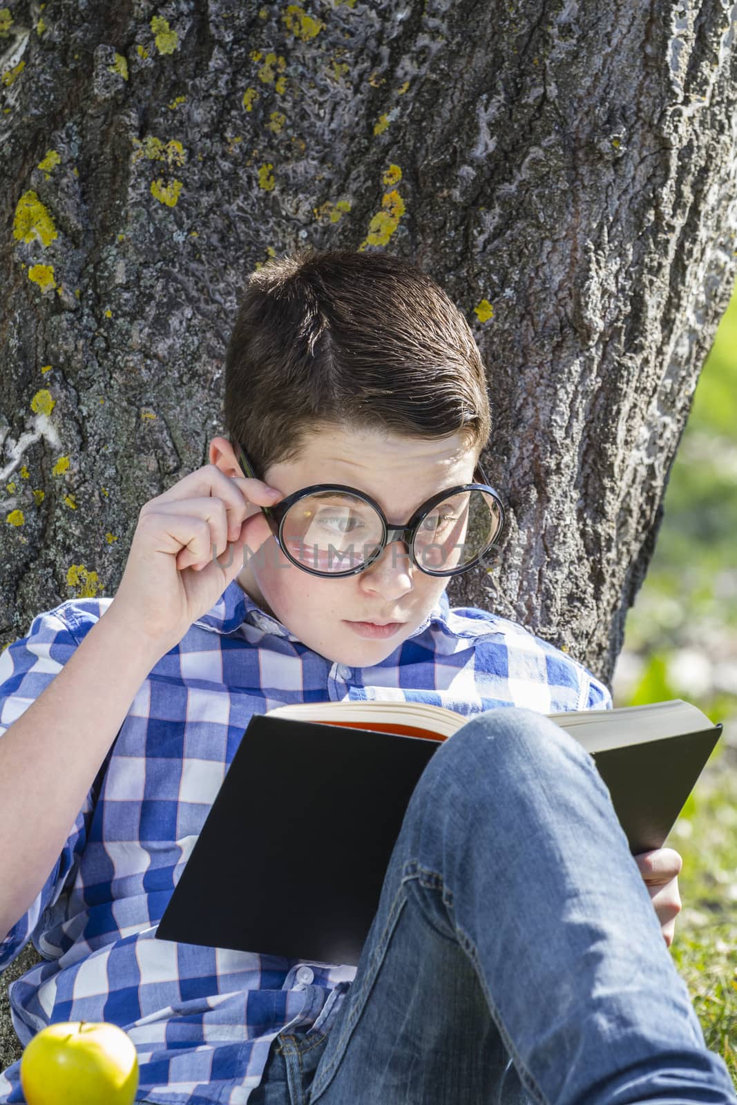 Young boy reading a book in the woods with shallow depth of field and copy space