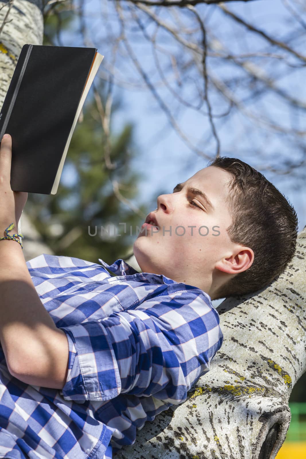 Young boy reading a book in the woods with shallow depth of fiel by FernandoCortes