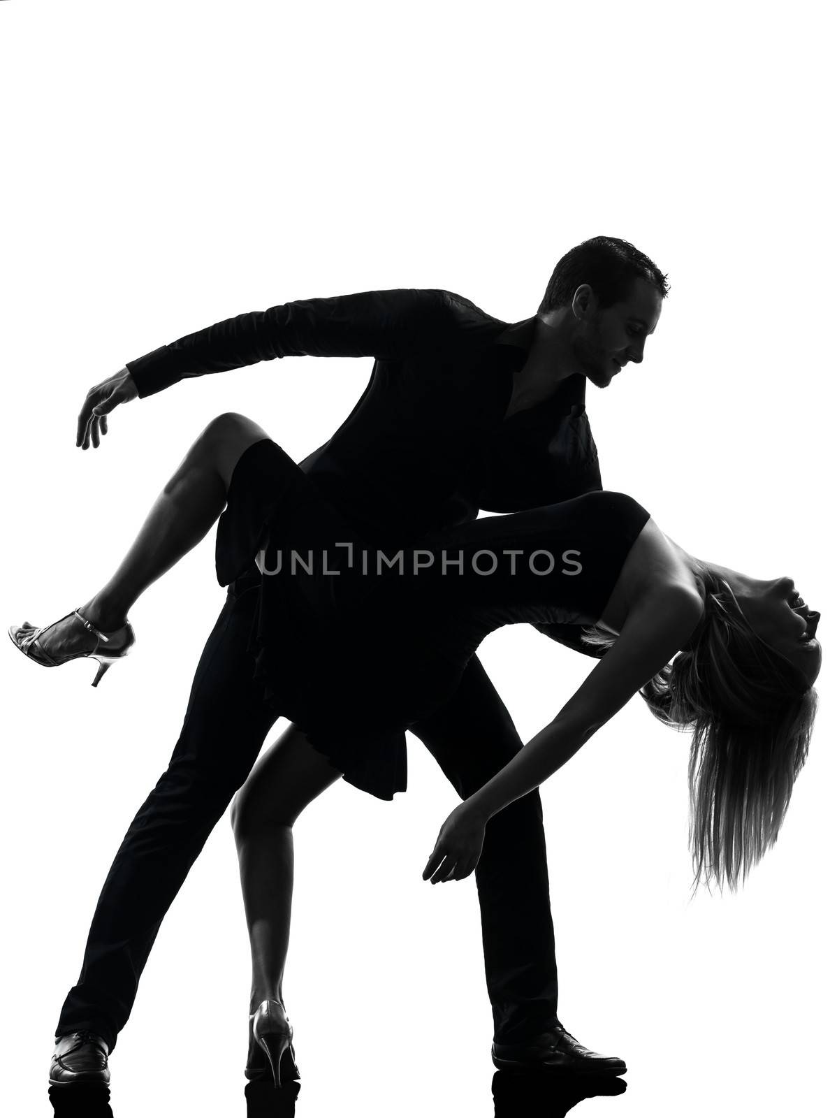 one caucasian couple woman man dancing dancers salsa rock in silhouette studio isolated on white background