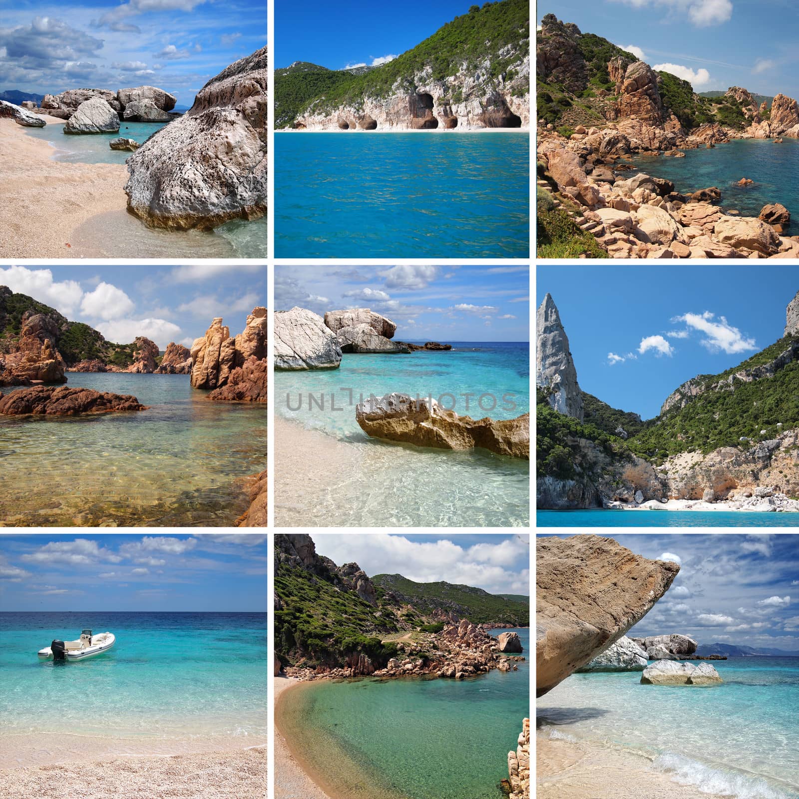 A collage of multiple images of the beaches of Sardinia, an island in Italy.