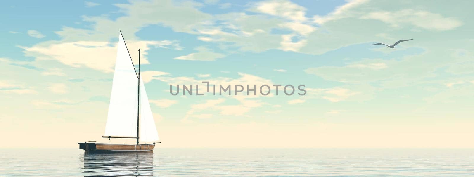 One sailing boat floating on the water next to seagull by cloudy day