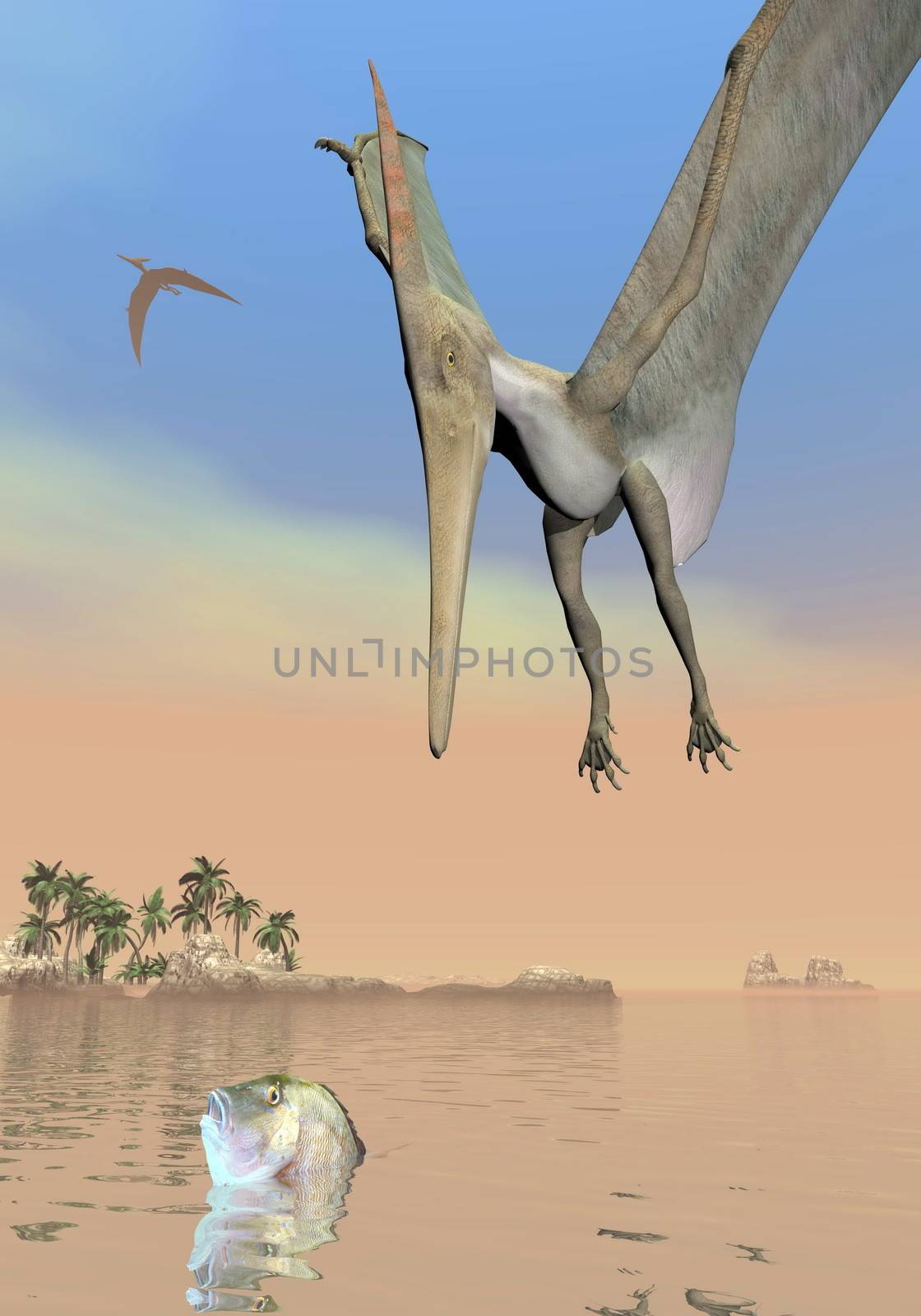 One pteranodon dinosaur fishing while flying upon landscape with hills, palm trees and water in cloudy sunset sky
