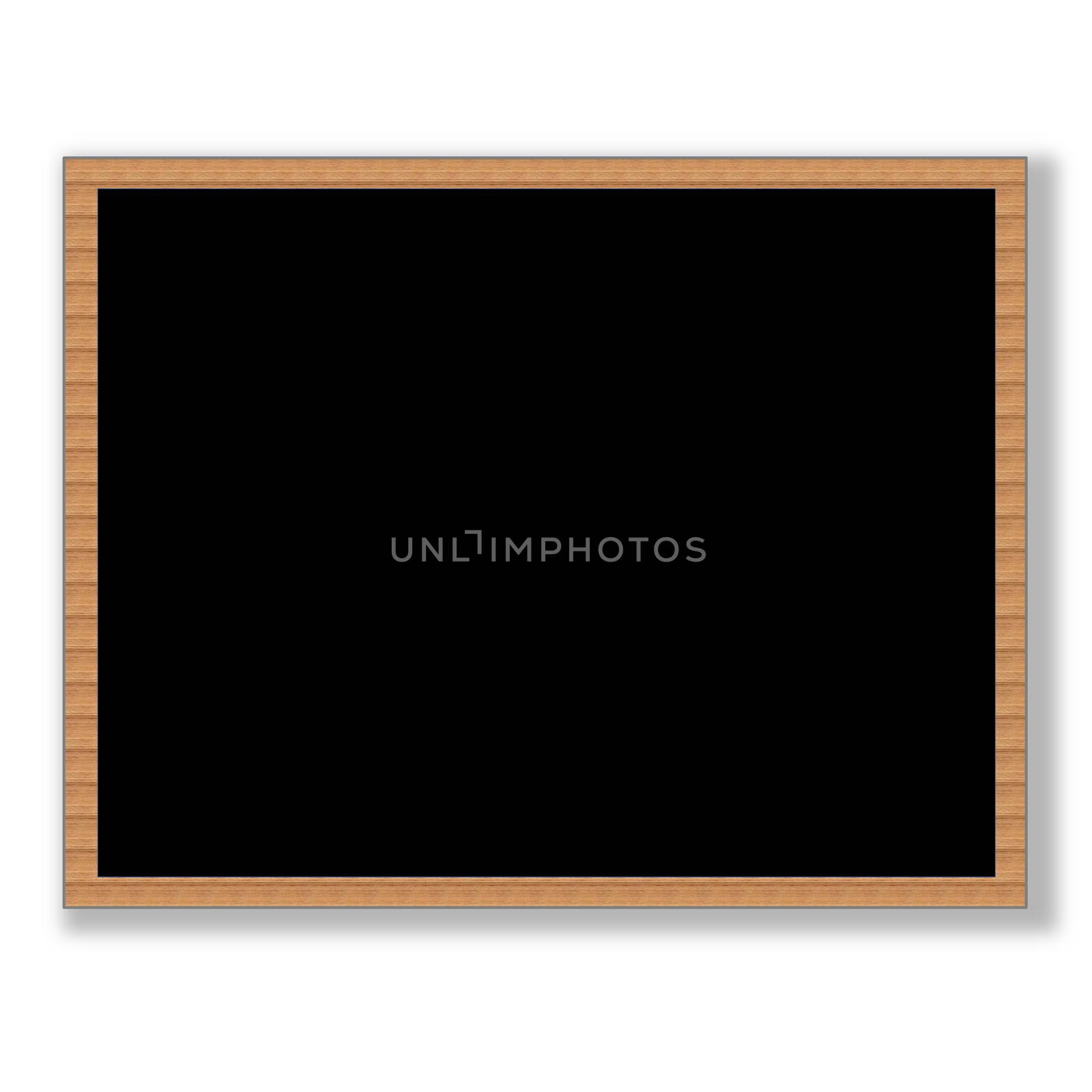 Blank black board with wooden frame and shadow in white background