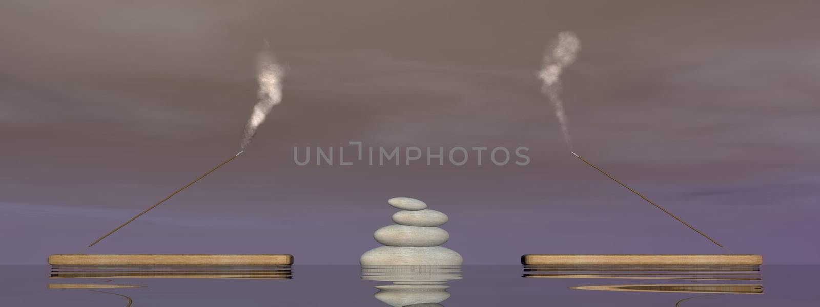 Balanced white stones between two incense sticks with smoke upon water in brown background