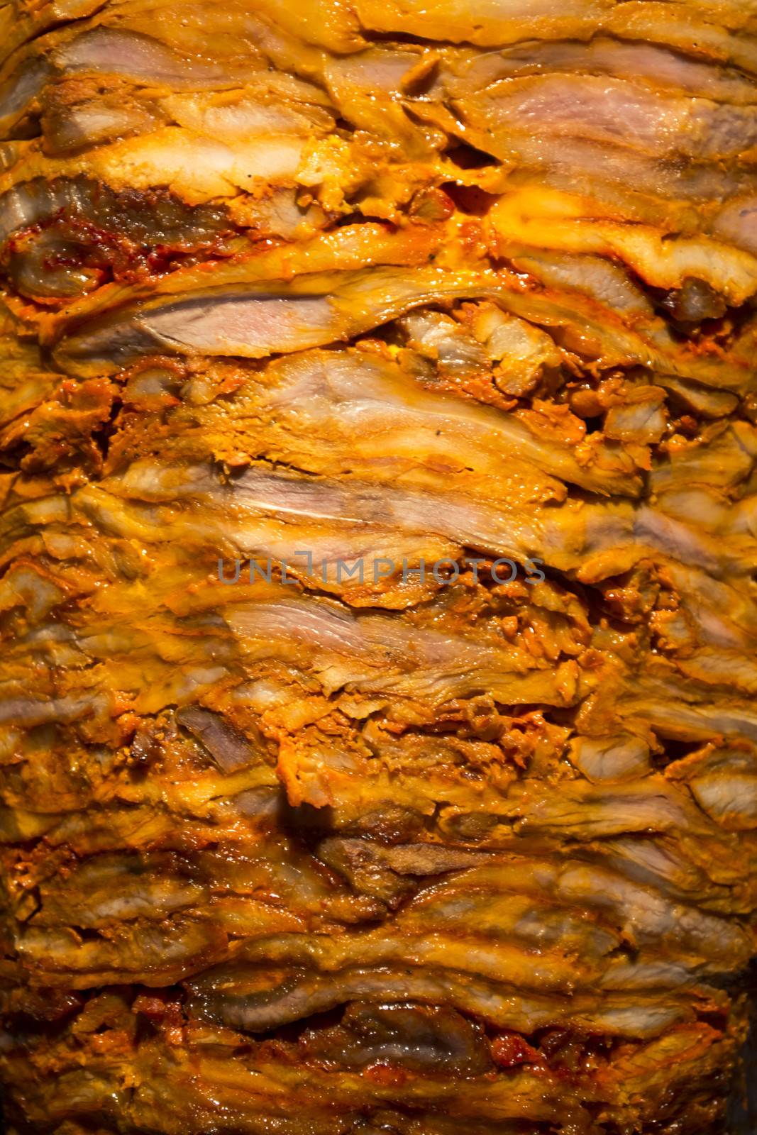 Detail of the texture of a top al pastor meat in Mexico City